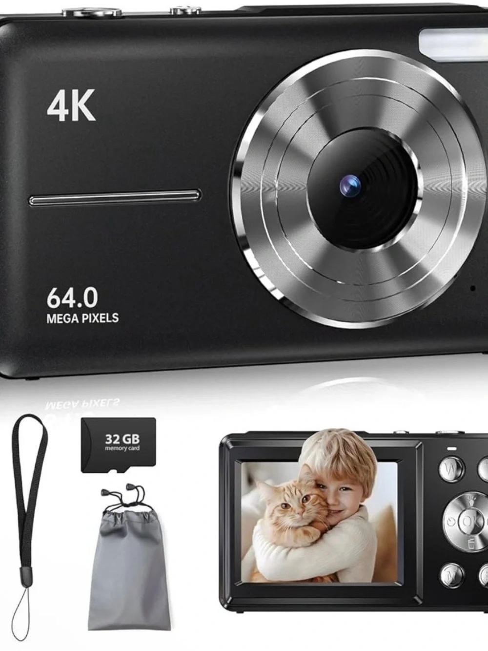 4K 64MP Compact Digital Camera - Black
